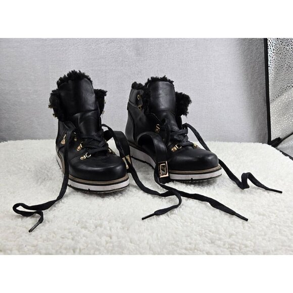 Ankle Boots Urban Hiking Black Lace-Up ARI Justfab Faux Shearling Gold Tone Buck - Picture 5 of 15